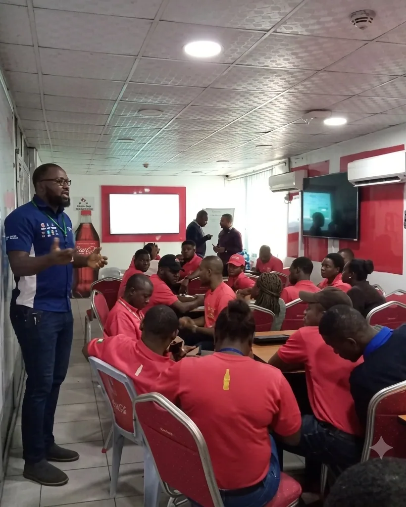 Peach Strides trainer briefing a room of uniformed field staff before deployment